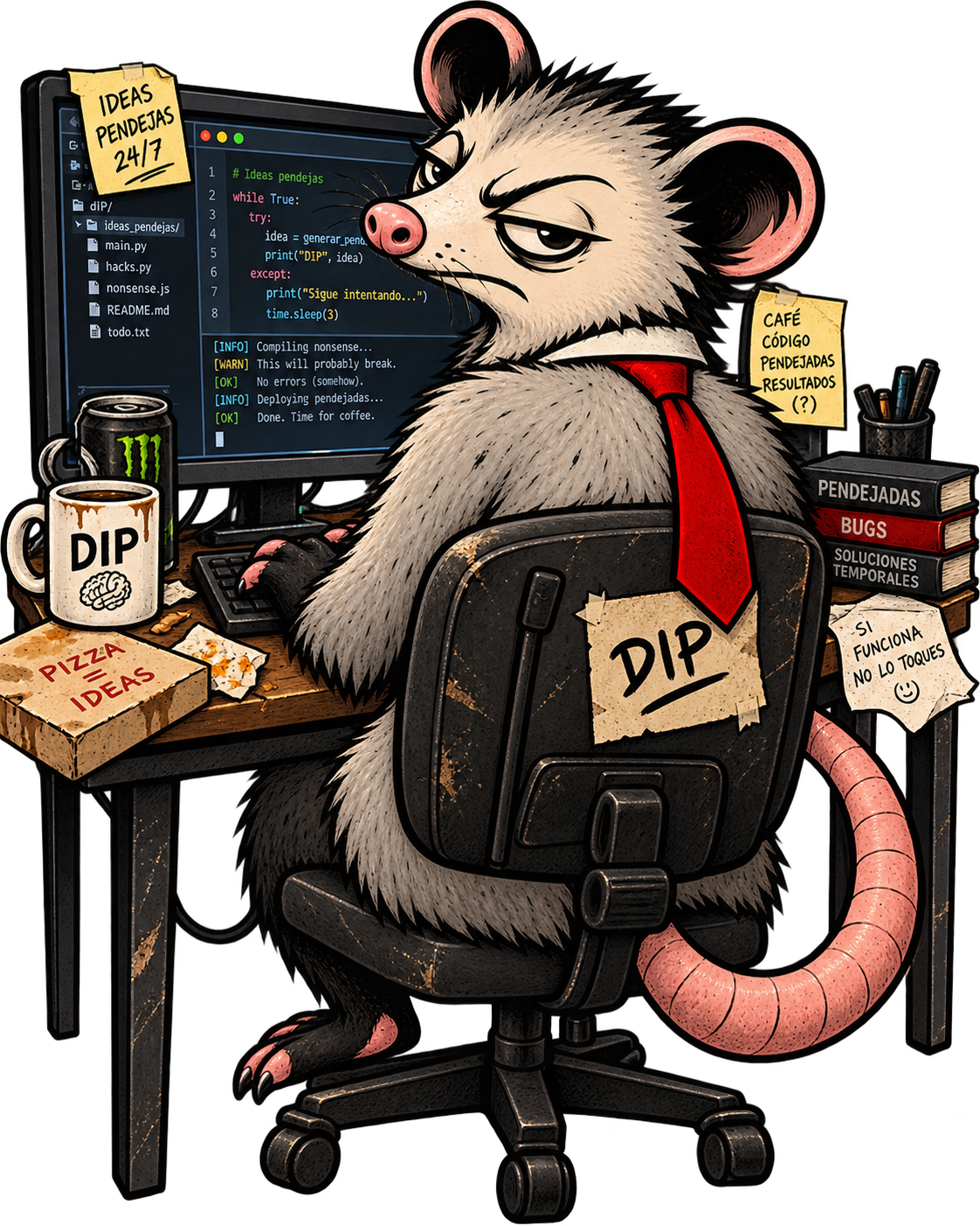 Tlacuache programando frente a una computadora